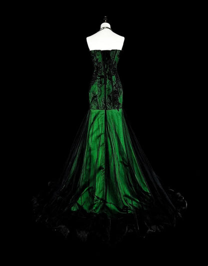 Modest Mermaid Sweetheart Black Tulle Green Satin With Appliques Long Prom Gown Party Wear Dresses N1848