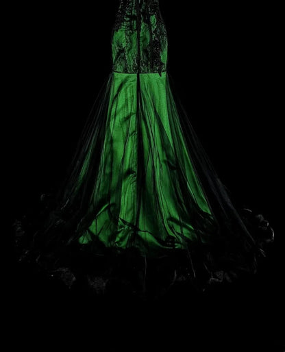 Modest Mermaid Sweetheart Black Tulle Green Satin With Appliques Long Prom Gown Party Wear Dresses N1848