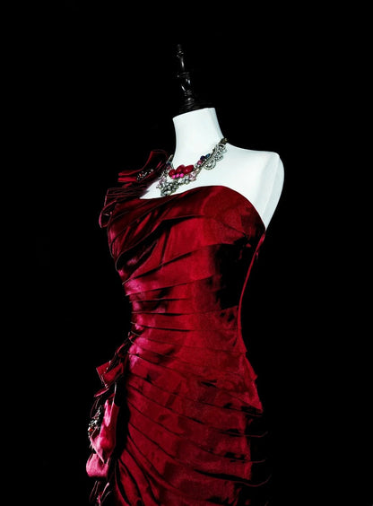 Vintage 1980s Mermaid One Shoulder Red With Pleated Ruffles Sleeveless Long Prom Formal Dresses N1602