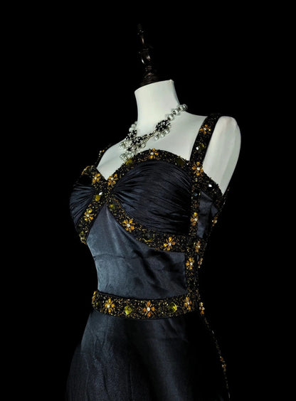 Vintage 1960s Mermaid Sweetheart Black With Straps Sleeveless Long Prom Formal Dresses N1591