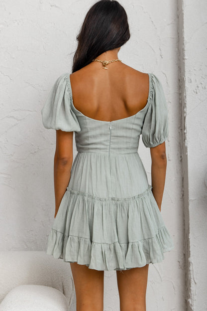 Camille Gathered Bodice Puff Sleeve Flounce Hem Mini Dress Sage