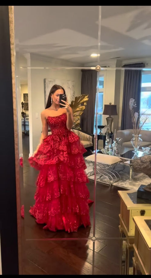 Chic Ball Gown Strapless Hot Pink Lace Long Formal Fancy Prom Evening Dress Dinner Outfits Classy Party Gowns For Teens Girls AB2129