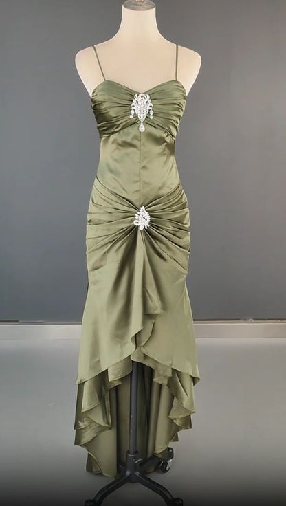 Elegant Spaghetti Strap Mermaid Satin Dark Green Long Prom Dress Gorgeous Evening Dress N1782