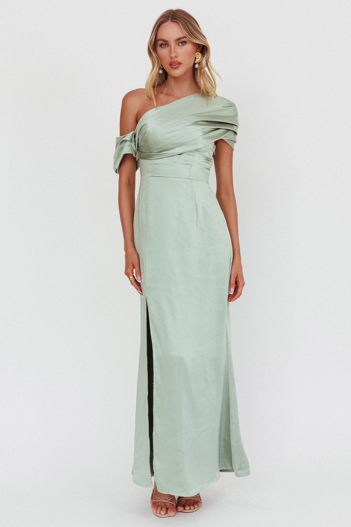 Bellissima Asymmetric Shoulder Maxi Dress Sage
