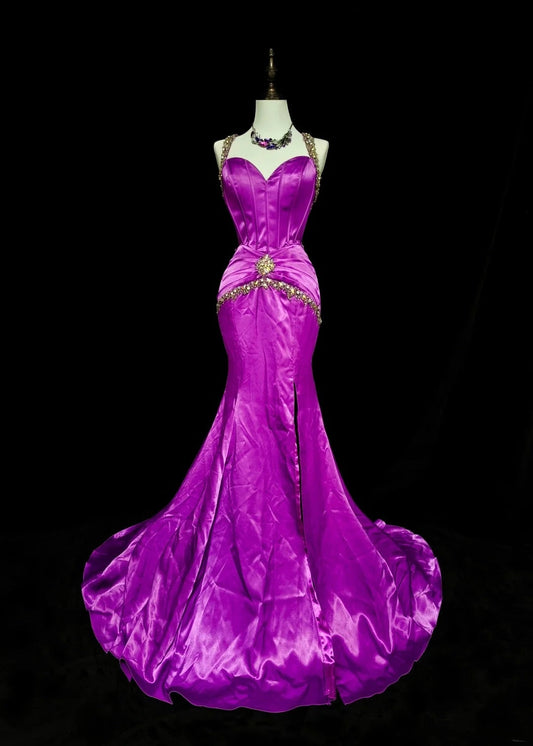 Vintage 1960s Sweetheart With Straps Grape Sleeveless Satin Pleated Mermaid Long Prom Dresses N1577