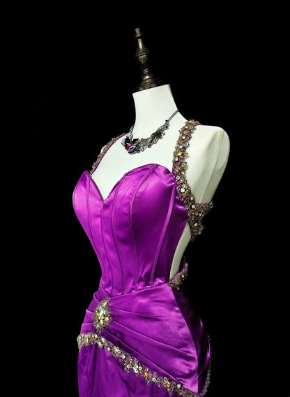 Vintage 1960s Sweetheart With Straps Grape Sleeveless Satin Pleated Mermaid Long Prom Dresses N1577