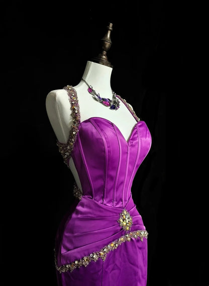 Vintage 1960s Sweetheart With Straps Grape Sleeveless Satin Pleated Mermaid Long Prom Dresses N1577
