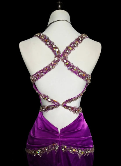 Vintage 1960s Sweetheart With Straps Grape Sleeveless Satin Pleated Mermaid Long Prom Dresses N1577