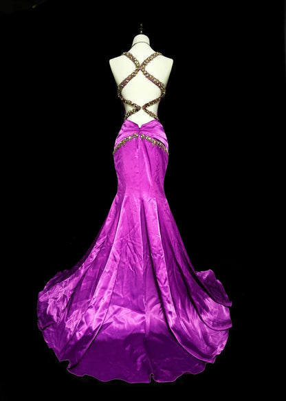 Vintage 1960s Sweetheart With Straps Grape Sleeveless Satin Pleated Mermaid Long Prom Dresses N1577