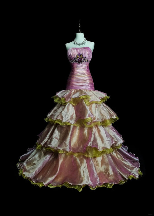 Vintage 1760s Strapless Pink Organza Sleeveless Pleated Mermaid Long Prom Dresses N1578