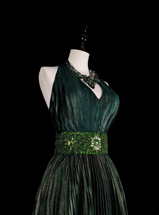 Vintage 1760s A Line Halter Dark Green Sleeveless Pleated Long Prom Dresses N1579