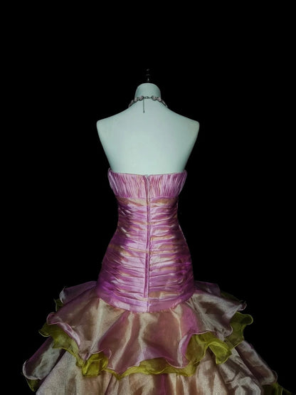 Vintage 1760s Strapless Pink Organza Sleeveless Pleated Mermaid Long Prom Dresses N1578