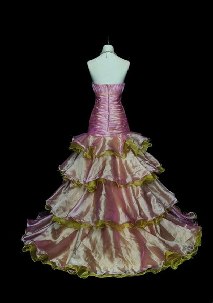 Vintage 1760s Strapless Pink Organza Sleeveless Pleated Mermaid Long Prom Dresses N1578
