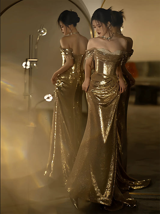 Mermaid Off The Shoulder Gold Sequin Short Sleeves Prom Dresses Inspiration Long Night Outfits Birthday Outfit AB2211