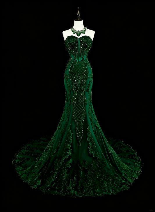Vintage 1960s Mermaid Sweetheart Dark Green With Crystals Gems Sleeveless Long Prom Formal Dresses N1593