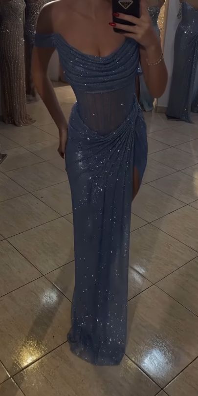Sparkly Mermaid Off The Shoulder Blue Sequin Long Slit Evening Party Gowns Evening Dress Special Formal Dresses Prom Dress AB1673