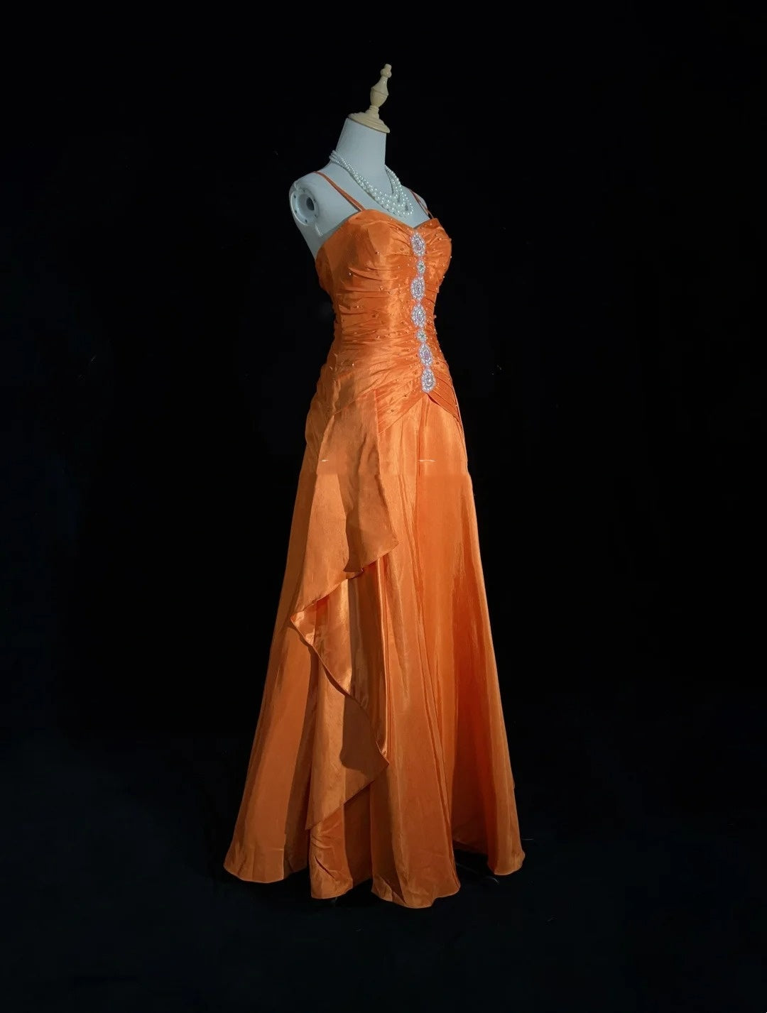 Vintage Prom Aesthetic Dresses A Line Spaghetti Strap Orange Satin With Beading Long Formal Dance Dress N3007