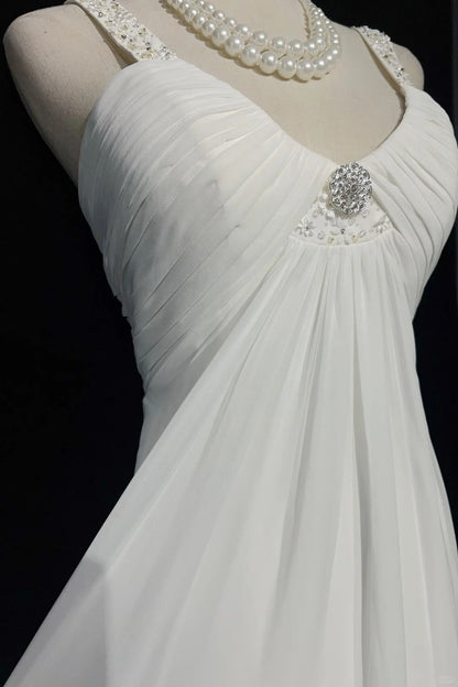 Simple White Prom Dresses A line V Neck Chiffon Sleeveless With Beaded Semi Formal Evening Dress N3820