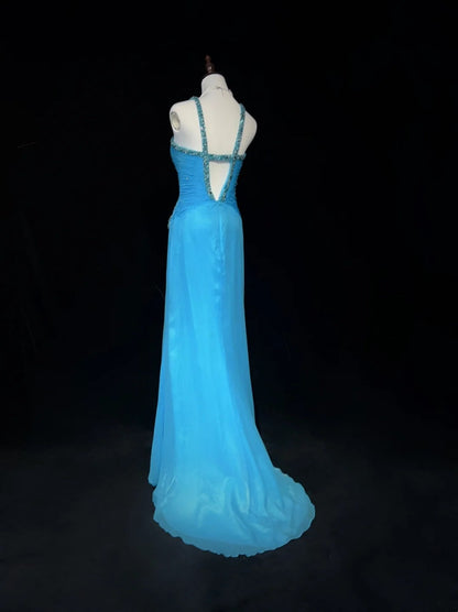 Vintage Prom Dresses A Line Halter Blue Chiffon With Beading Cape Formal Evening Outfits N3853