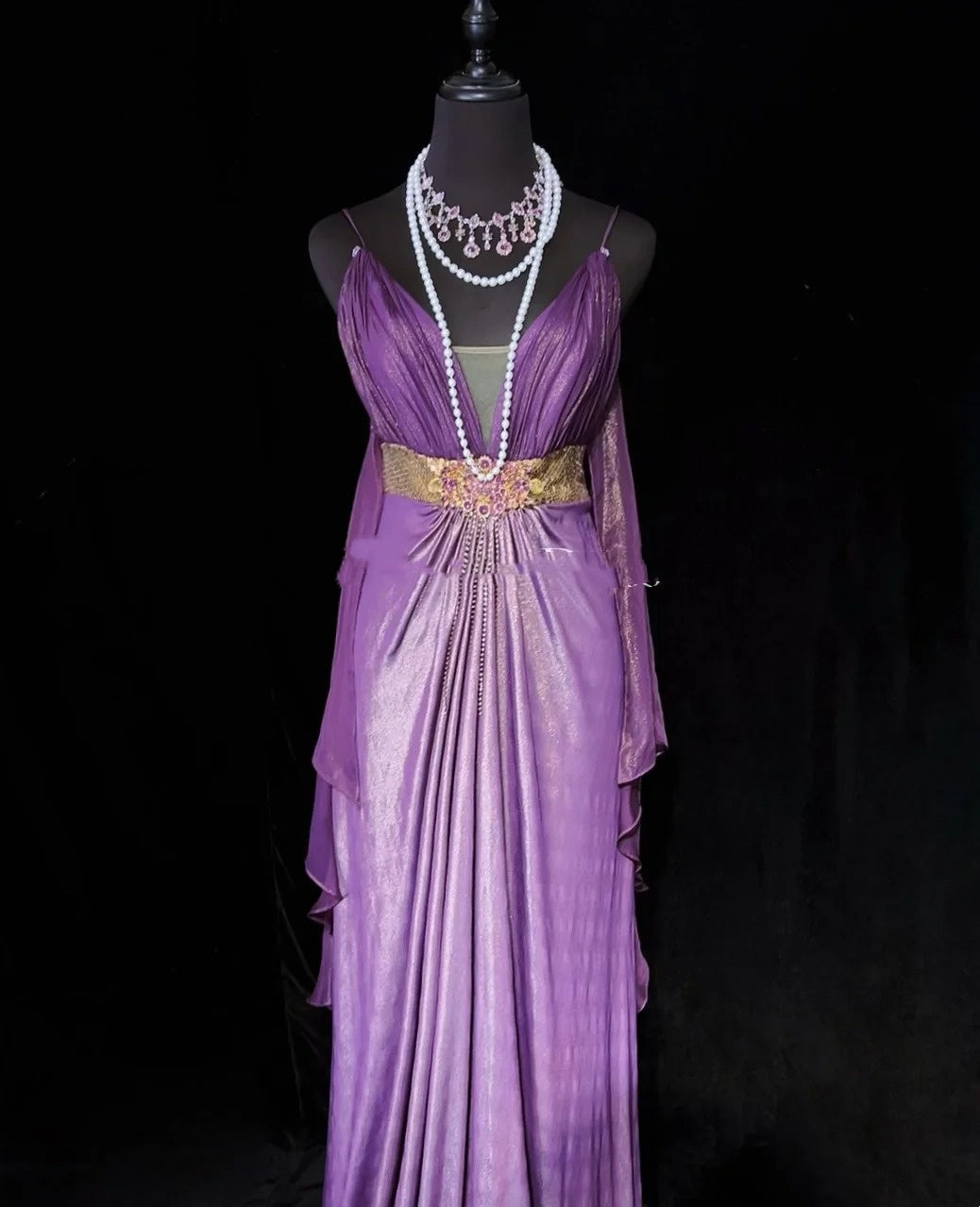 Charming Prom Dresses A line Spaghetti Strap Purple Chiffon With Cape Long Formal Evening Dress N3897