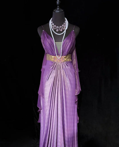 Charming Prom Dresses A line Spaghetti Strap Purple Chiffon With Cape Long Formal Evening Dress N3897