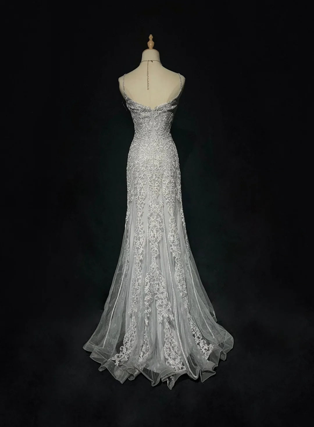 Dreamy 90s Prom Dresses Mermaid Spaghetti Strap Grey With Lace Formal Evening Outfits N3829
