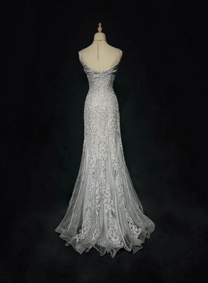 Dreamy 90s Prom Dresses Mermaid Spaghetti Strap Grey With Lace Formal Evening Outfits N3829