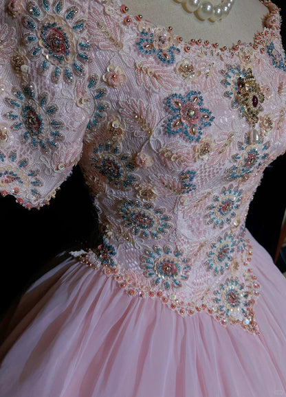 Princess Prom Dresses Ball Gown Scoop Pink Tulle Half Sleeves Evening Long Quince Dress N3285