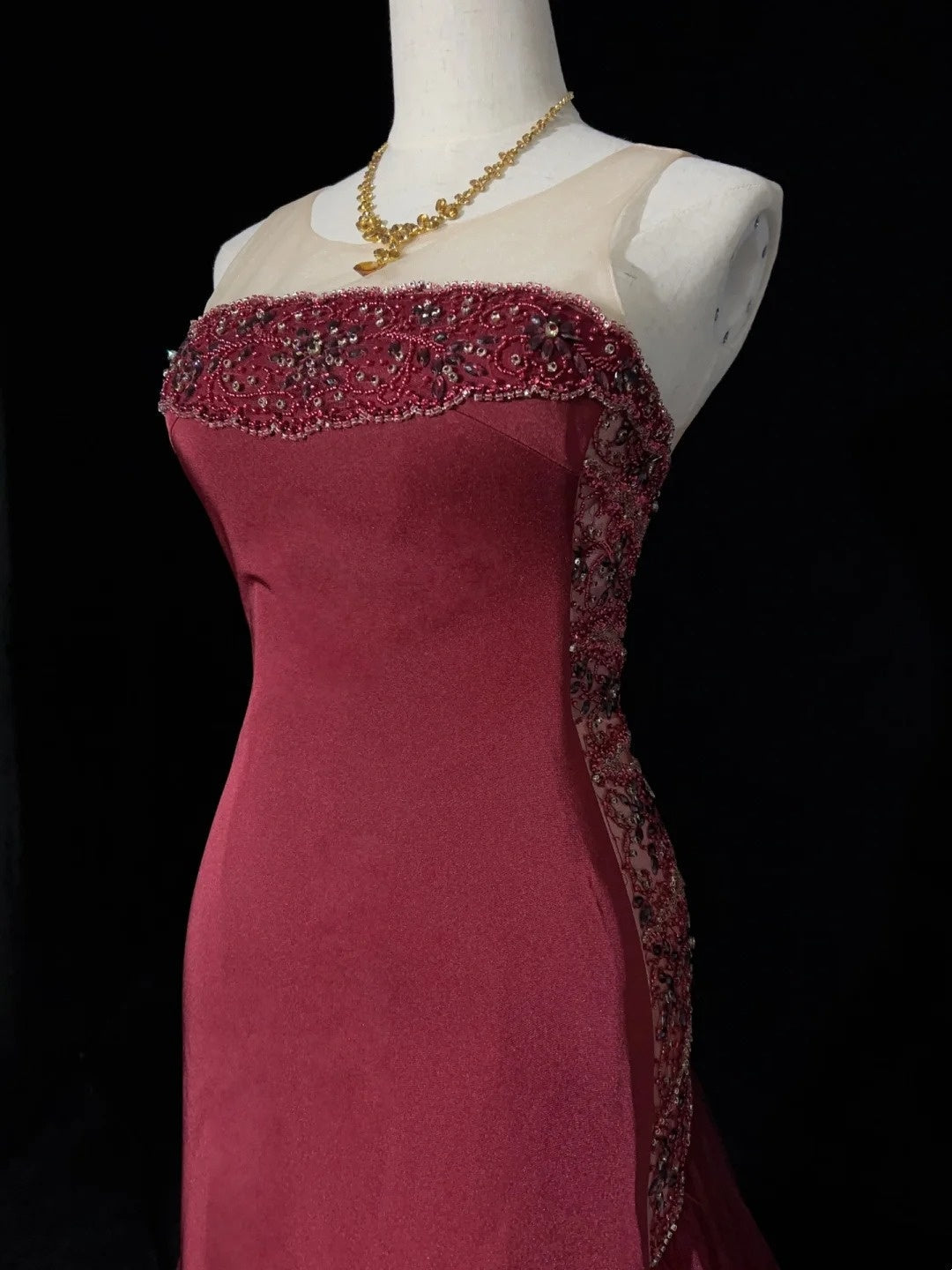 Vintage Prom Dresses Inspo Mermaid Strapless Drop Waist 90s Burgundy Satin With Beading For Women Formal Gowns N3309