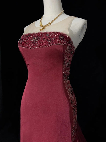 Vintage Prom Dresses Inspo Mermaid Strapless Drop Waist 90s Burgundy Satin With Beading For Women Formal Gowns N3309