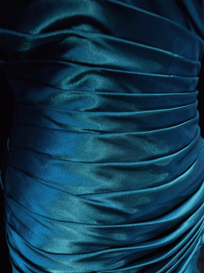Vintage Prom Dresses Inspo Mermaid Halter Blue Satin Long 1990s With Pleated Formal Gowns N3356