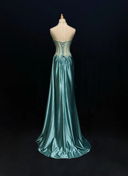 Elegant Prom Dresses Inspo Mermaid Spaghetti Strap Blue Satin With Ruffled Beading For Women Formal Dress N3228