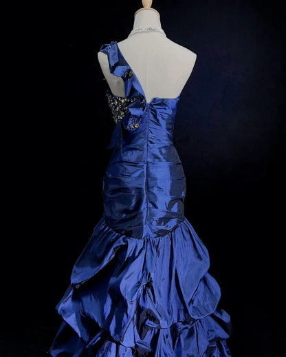 Elegant Prom Dresses Mermaid One Shoulder Navy Blue Ruffled Satin Floor Length Formal Evening Outfits N3487