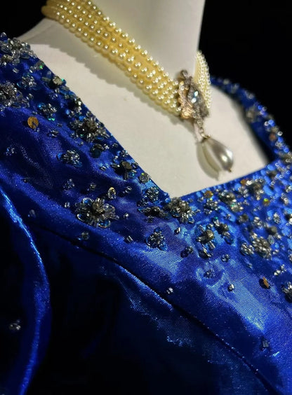 Vintage Prom Dresses 1960s Mermaid Square Neck Royal Blue Organza With Beaded Long Prom Gown N3116