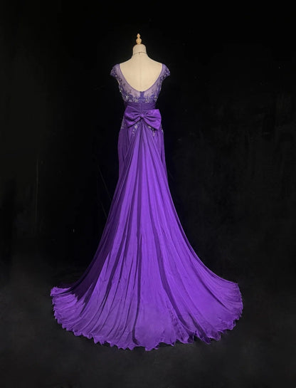 Vintage Prom Dresses A Line Bateau Purple Chiffon 80s With Beading Long Formal Evening Outfits N3899