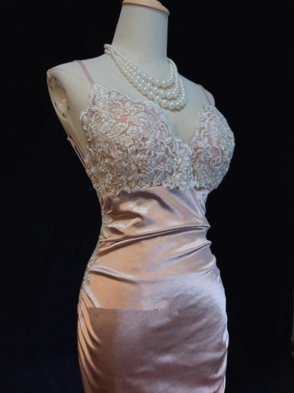 Vintage Prom Dresses Inspo Mermaid Spaghetti Strap Pink Satin With Ruffled White Lace For Women Formal Dress N3249