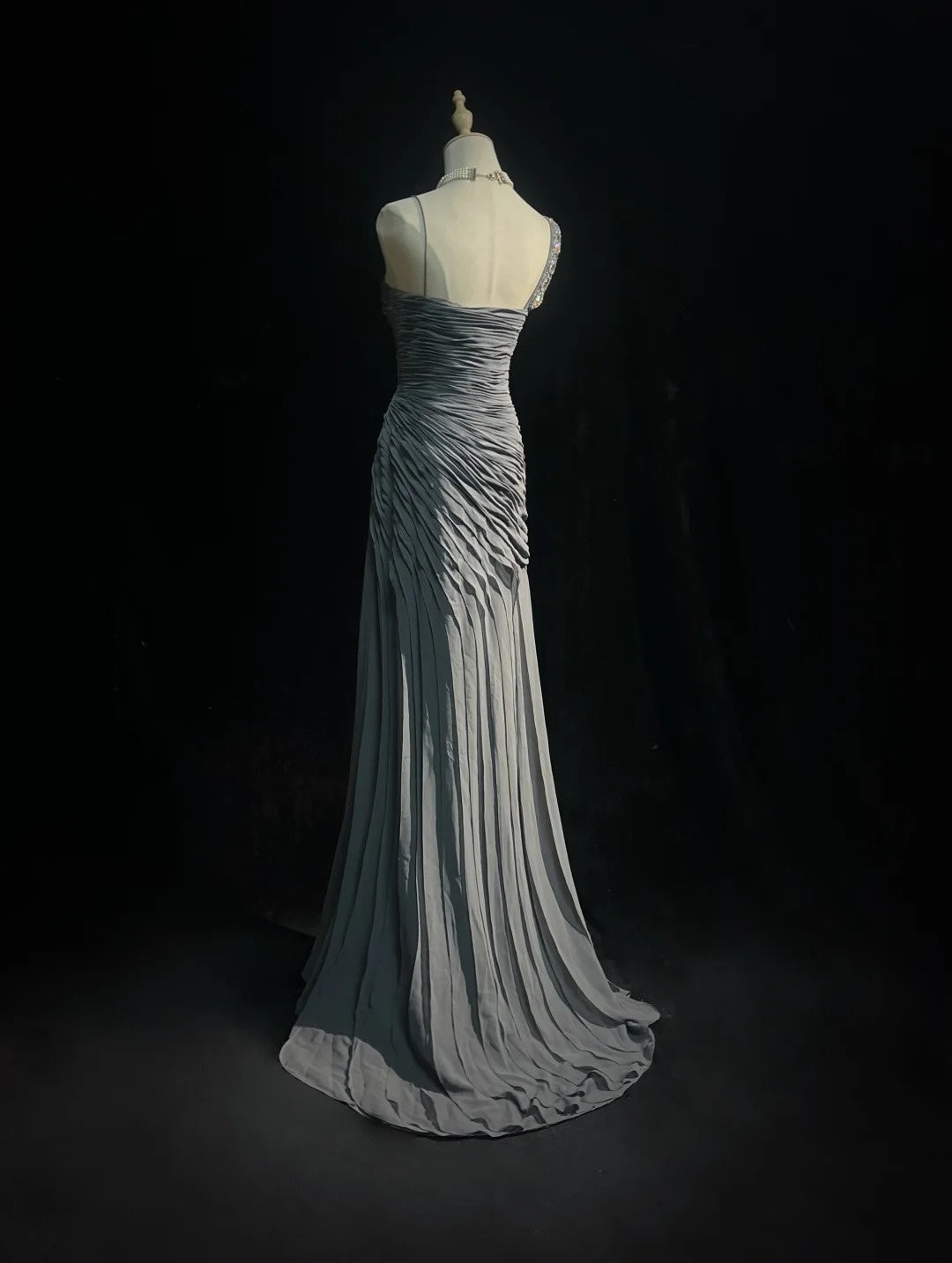 Simple Prom Dresses Mermaid Spaghetti Strap Grey Chiffon Floor Length Ruffled Formal Evening Dress N3685