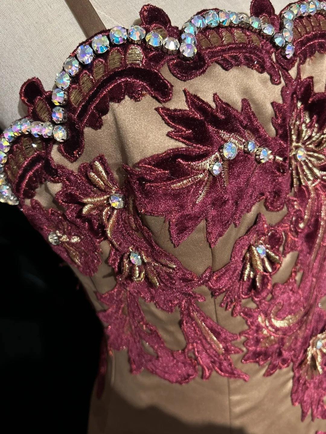 Princess Prom Dresses Mermaid Spagehtti Strap Champagne With Burgundy Embroidery Evening Long Dress N3291