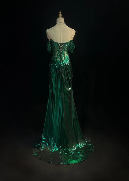 Modest Prom Dresses Inspo Mermaid Off The Shoulder Dark Emerald Green Slit Lace 80s Long Formal Gowns N3389