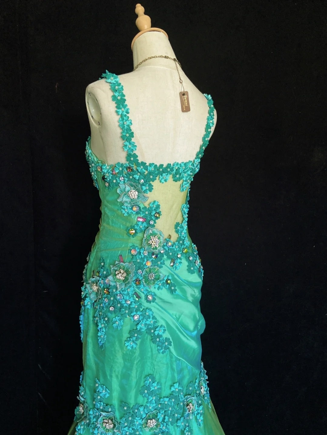 Elegant Prom Dresses Mermaid Spaghetti Strap Green Tulle With Flowers Floor Length Formal Evening Outfits N3490