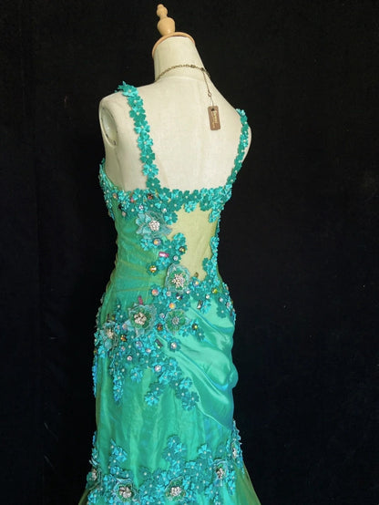 Elegant Prom Dresses Mermaid Spaghetti Strap Green Tulle With Flowers Floor Length Formal Evening Outfits N3490