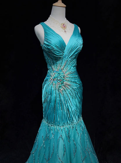Modest Prom Dresses Inspo Mermaid V Neck Blue With Ruffled Beading For Women Formal Dress N3234