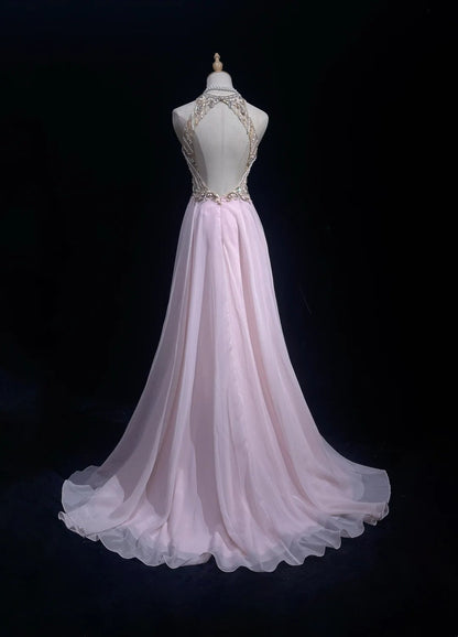 Vintage Prom Aesthetic Dresses A Line Jewel Pearl Pink Chiffon With Beading Long Formal Dress N3033