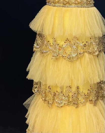 Vintage Prom Aesthetic Dresses A line Square Neck Yellow Tiered Layers With Beading Long Formal Dress N3060