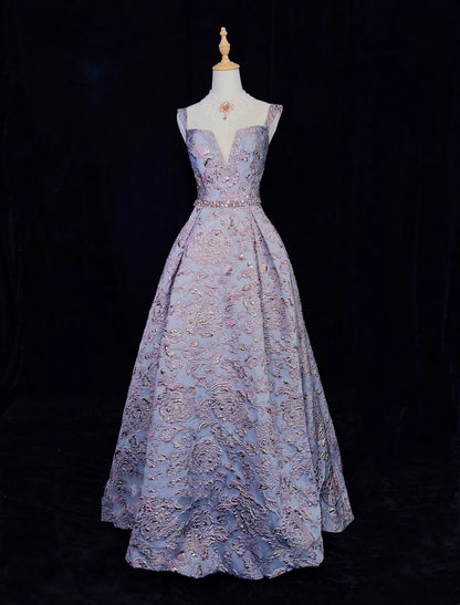 Modest Prom Dresses Ball Gown Spaghetti Strap Lilac Lace With Beading Long Evening Outfits N3463