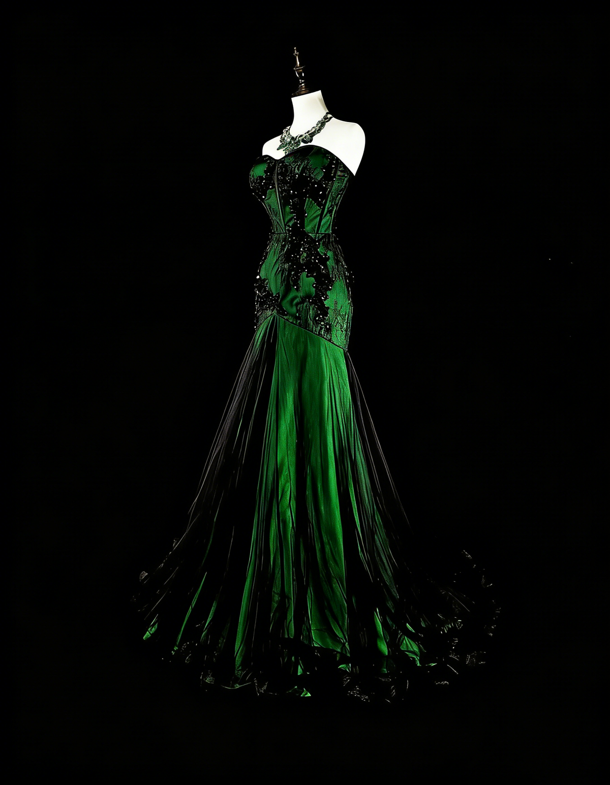 Modest Mermaid Sweetheart Black Tulle Green Satin With Appliques Long Prom Gown Party Wear Dresses N1848