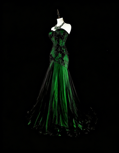 Modest Mermaid Sweetheart Black Tulle Green Satin With Appliques Long Prom Gown Party Wear Dresses N1848