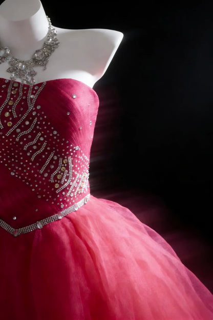 Modest Prom Dresses Ball Gown Strapless Hot Pink Tulle With Beads Long Formal Dress N2956