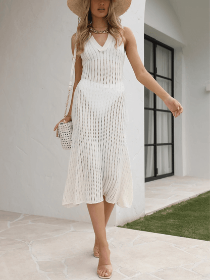 BENDITA PERFORATED KNIT COLLARED MIDI DRESS - CREAM