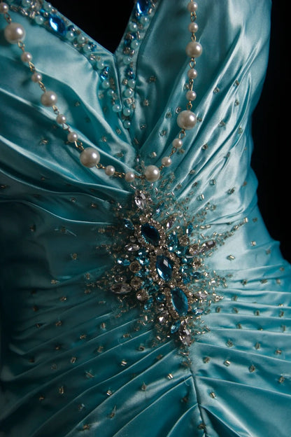 Vintage Mermaid Sweetheart Blue Satin Sleeveless Summer Formal For Women Girls Teens Prom Dresses N2247